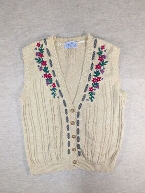 Vintage Jantzen Oatmeal Cream Knit Embroidered Floral 90s Sweater Vest Large